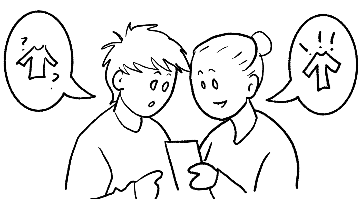 Two people talking about clothes over a mobile device. Cartoon.