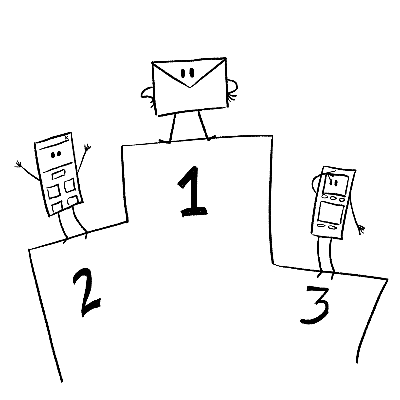 A black and white cartoon depicting a first, second, and third place podium. Email stands in first place,. Websites stand in second place. And social media in third.