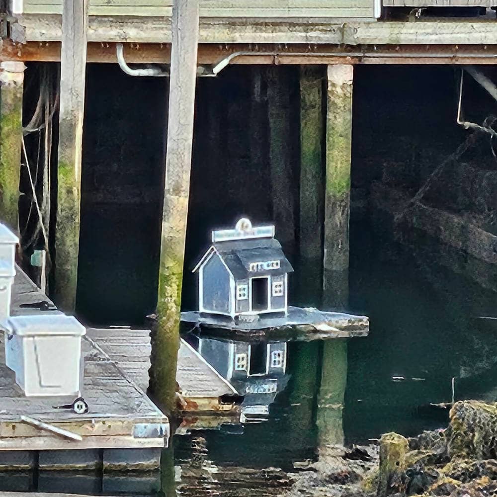 A little blue house sits on a floating plank in the middle of docks and piers.