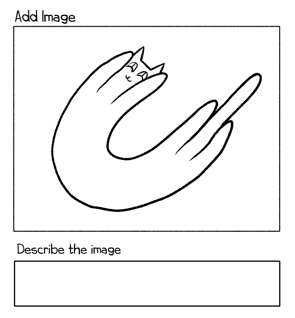 An interface with a cat photo uploaded and a blank textbox labeled: Describe the image. Cartoon.
