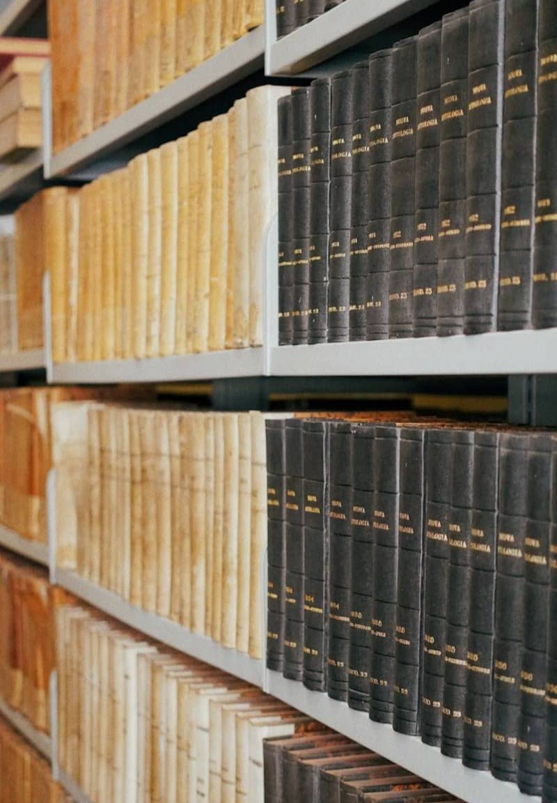 Bookshelves are filled with old books.