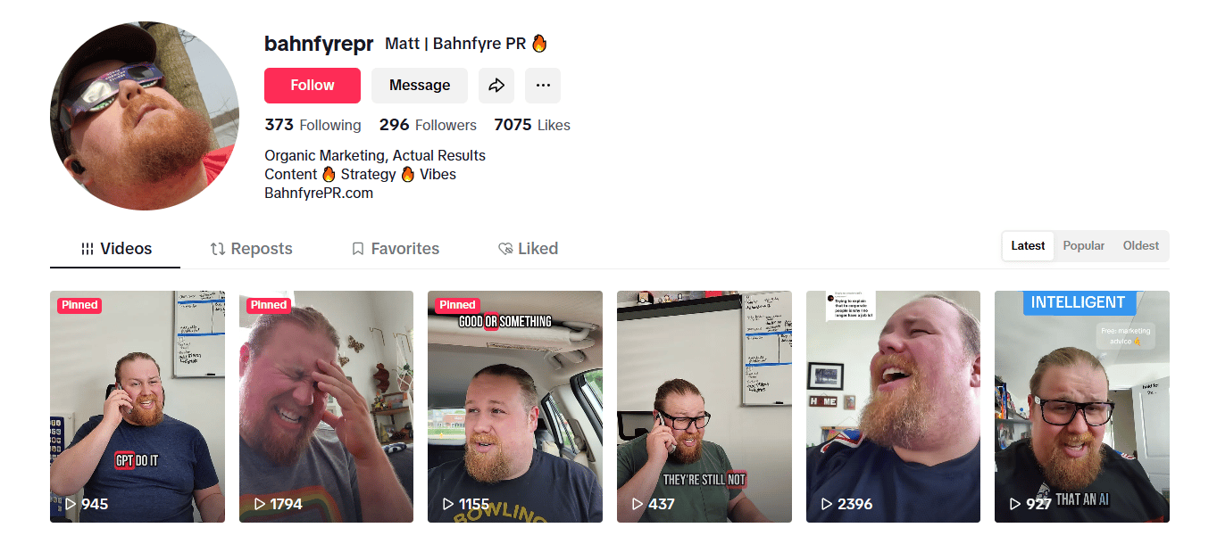 screenshot of Bahnfyre PR tiktok showing 6 videos with view counts 945, 1794, 1155, 437, 2396, 927