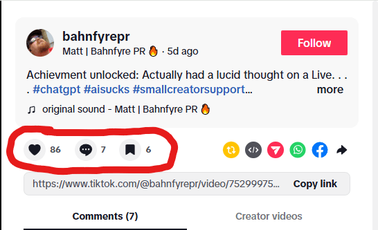 screenshot of bahnfyre pr tiktok post showing engagment numbers 86 likes, 7 comments and 6 saves