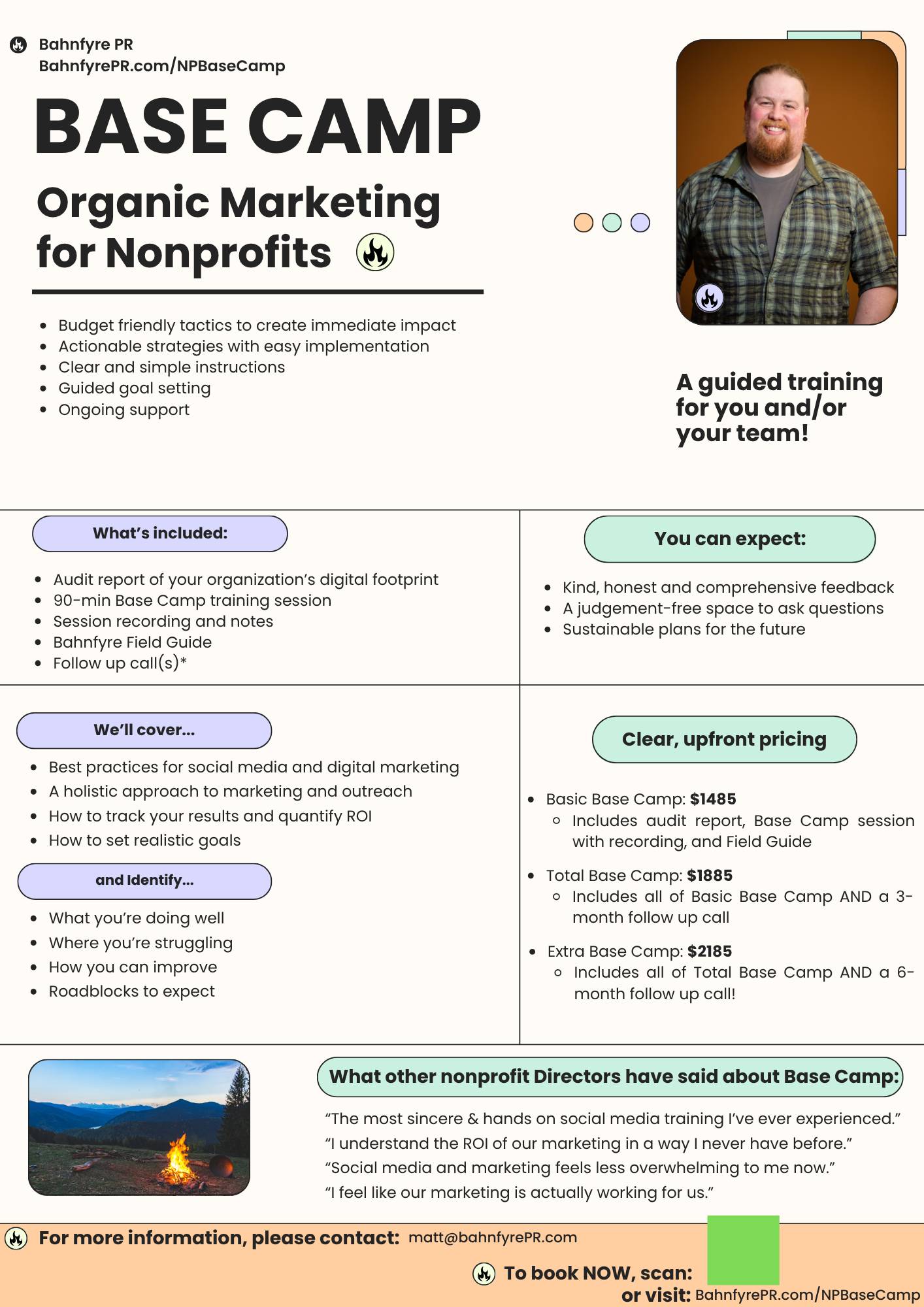 info sheet for organic marketing base camp. Apologies, there's too much text for this alt text section.