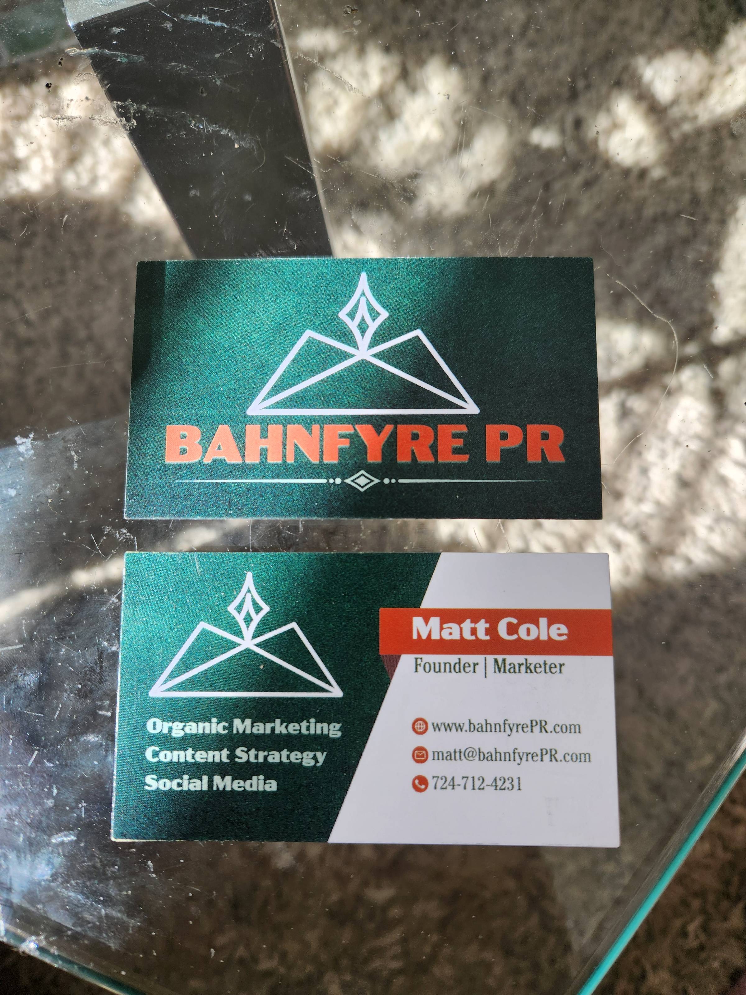 New Bahnfyre PR business cards