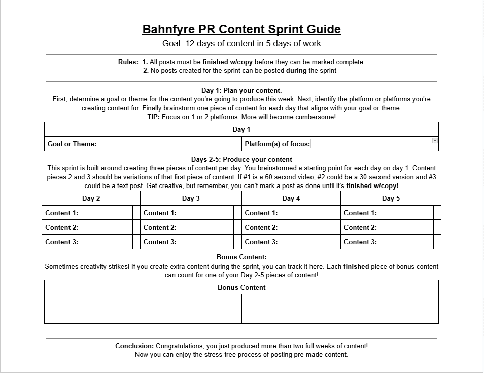 image of content sprint guide. Alt text box is too small for full text. pdf should be compatible with ereaders!