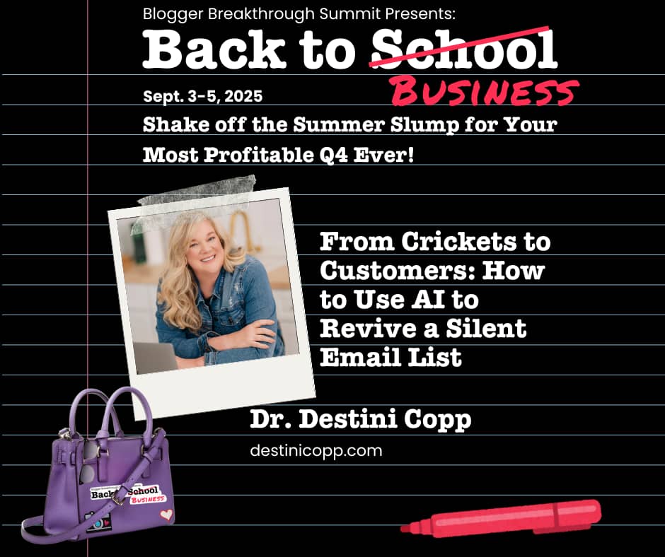 Back to Business Summit Image promoting the workshop for Dr. Destini Copp