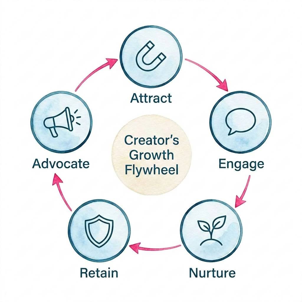 The Creator Growth Flywheel: Attract, Engage, Nurture, Retain, Advocate in a continuous loop