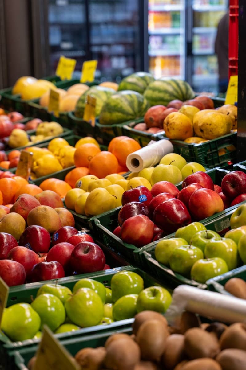 Fresh fruits are displayed for sale at the market.