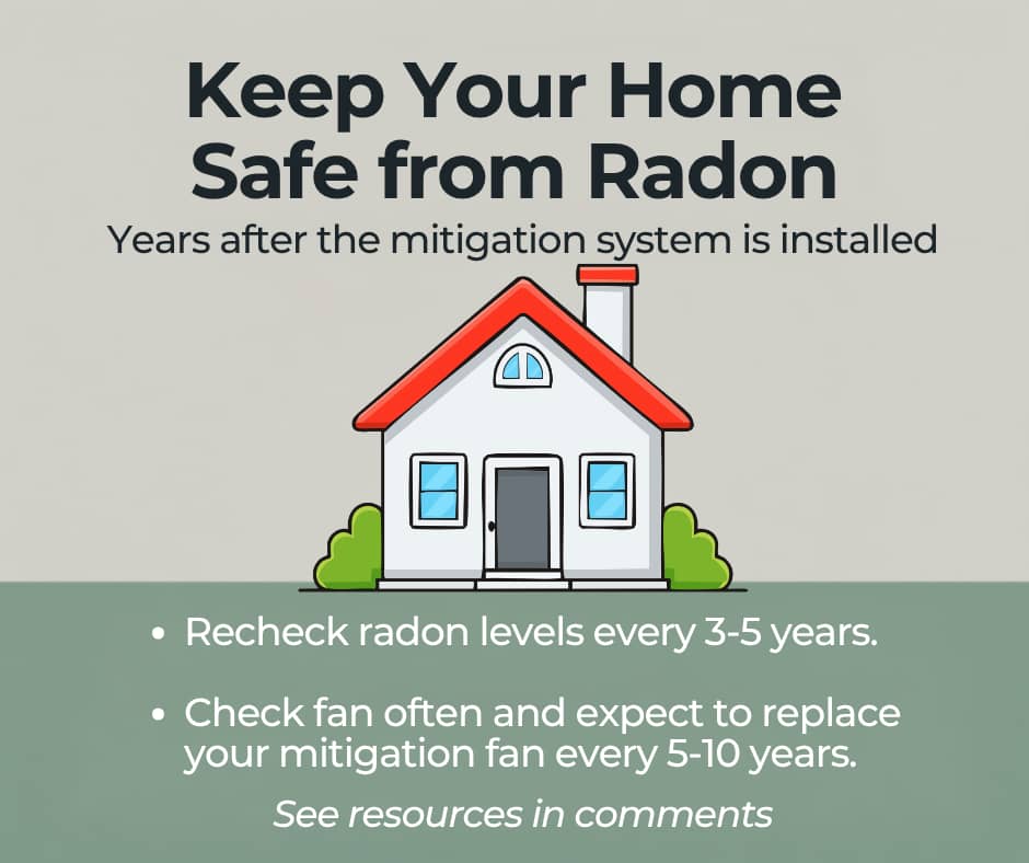 Keep your home safe from radon; recheck every 3-5 years and know that your fan will only last 5-10 years