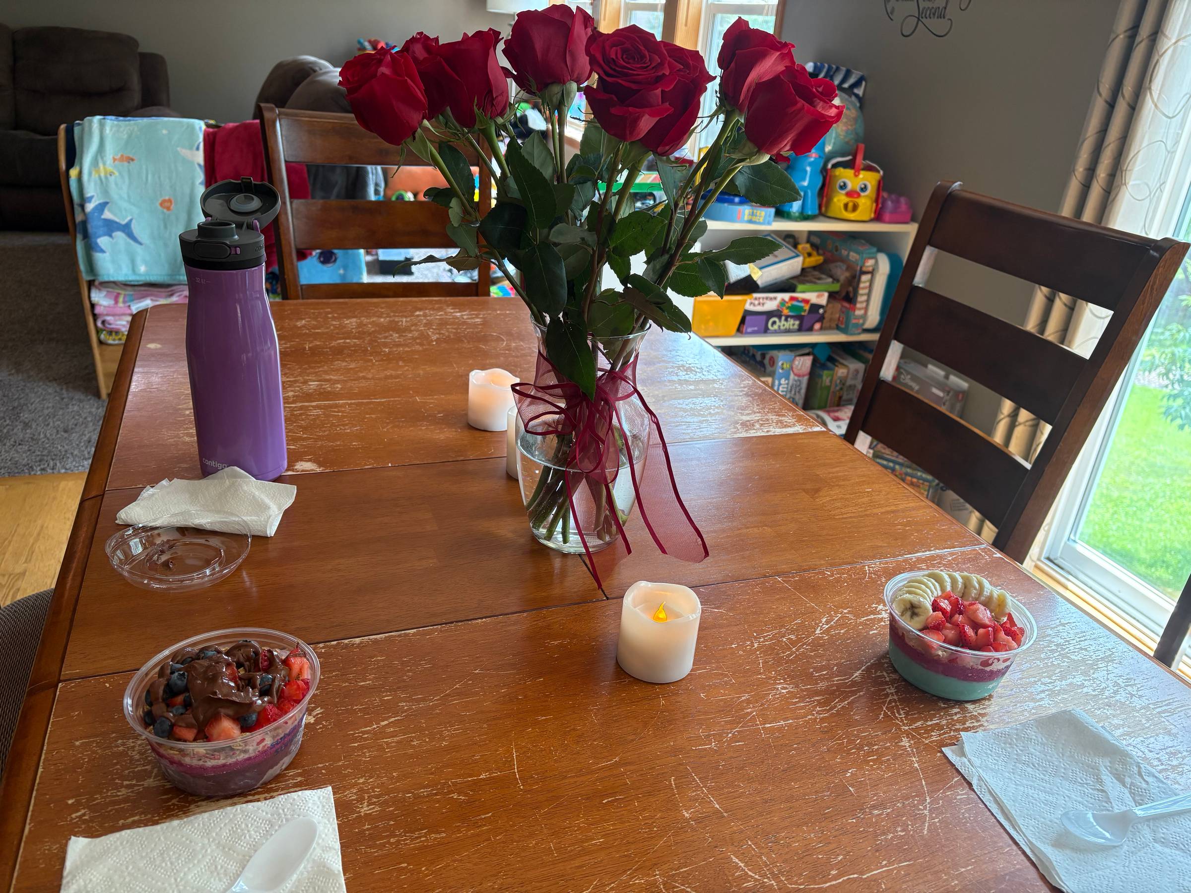 Flowers, battery operated candles, and nummy food!