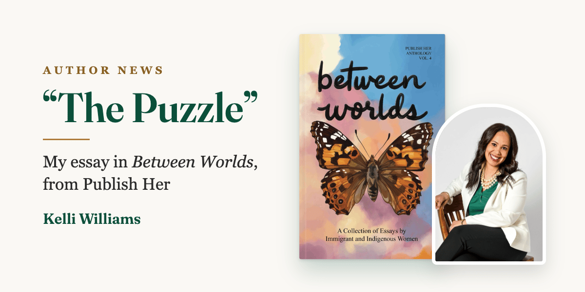 Author Kelli Williams pictured alongside the Between Worlds anthology cover, featuring her personal essay, The Puzzle.