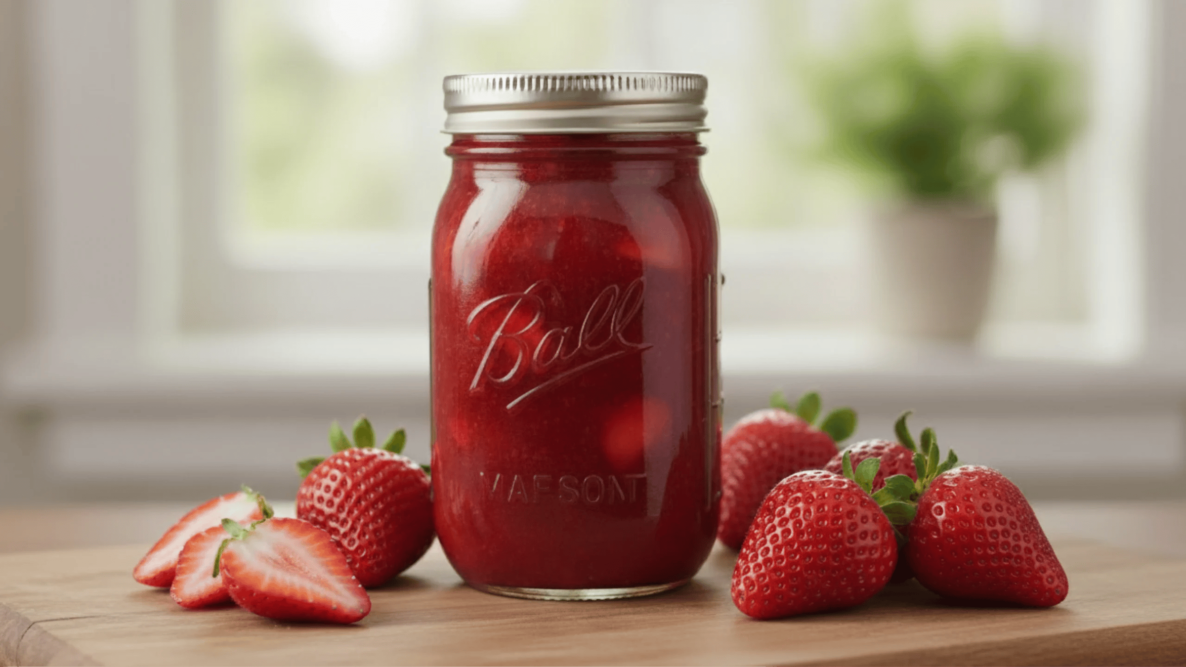 Ball Mason jar of strawberry sauce with fresh strawberries on the side.