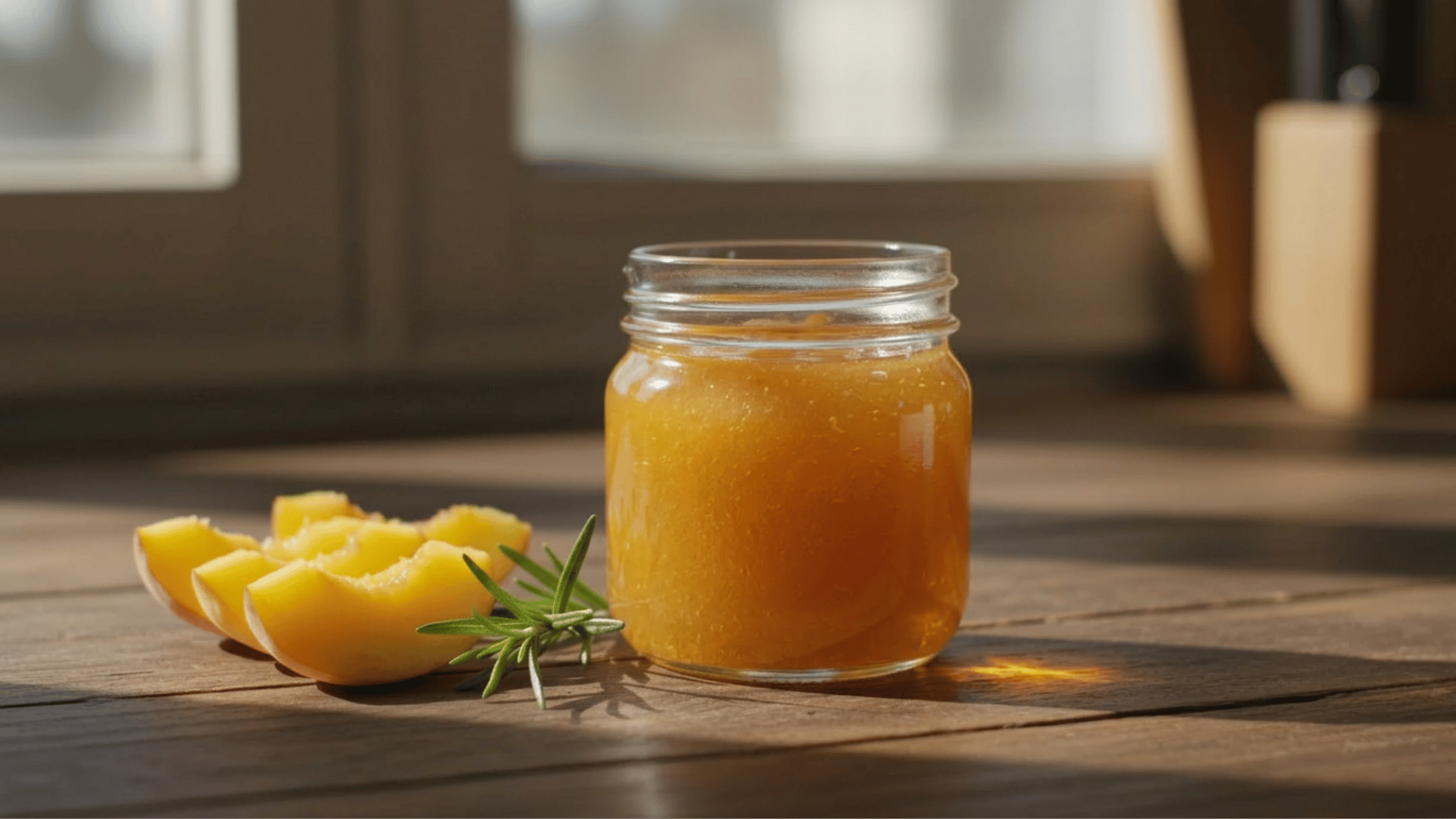 Peach Rosemary Jam in a glass mason jar sitting on a wooden table with sliced peaches and a rosemary sprig.