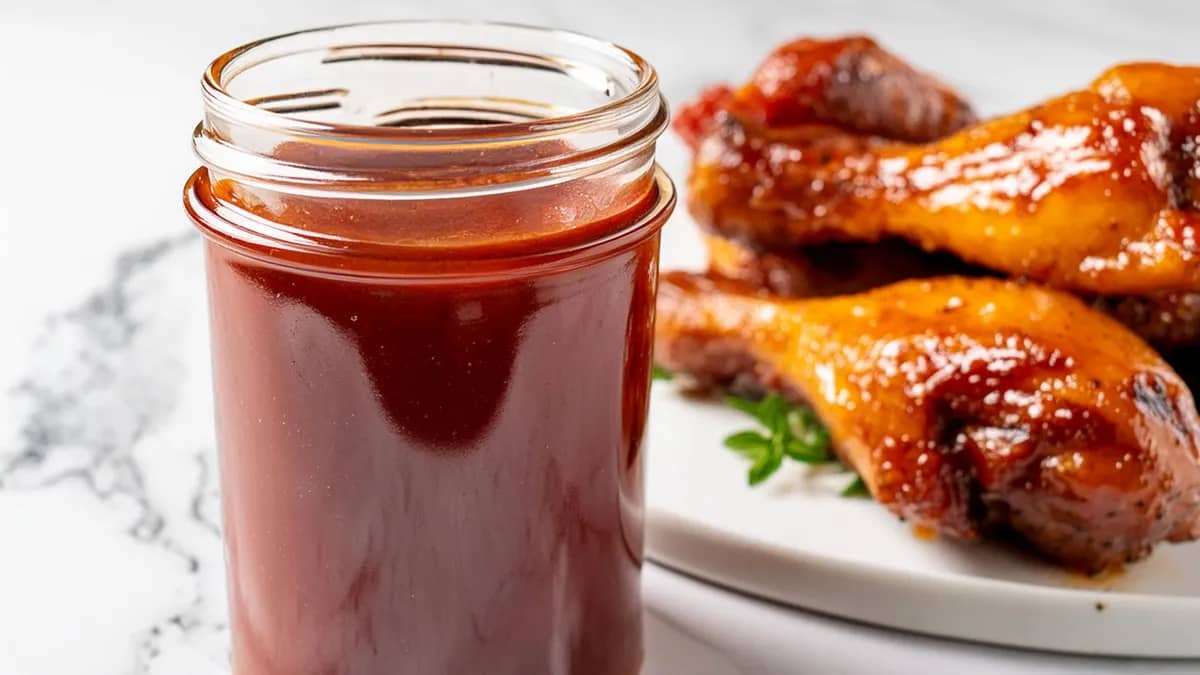 Barbecue Sauce in a mason jar next to a plate of chicken drumsticks on a white plate.