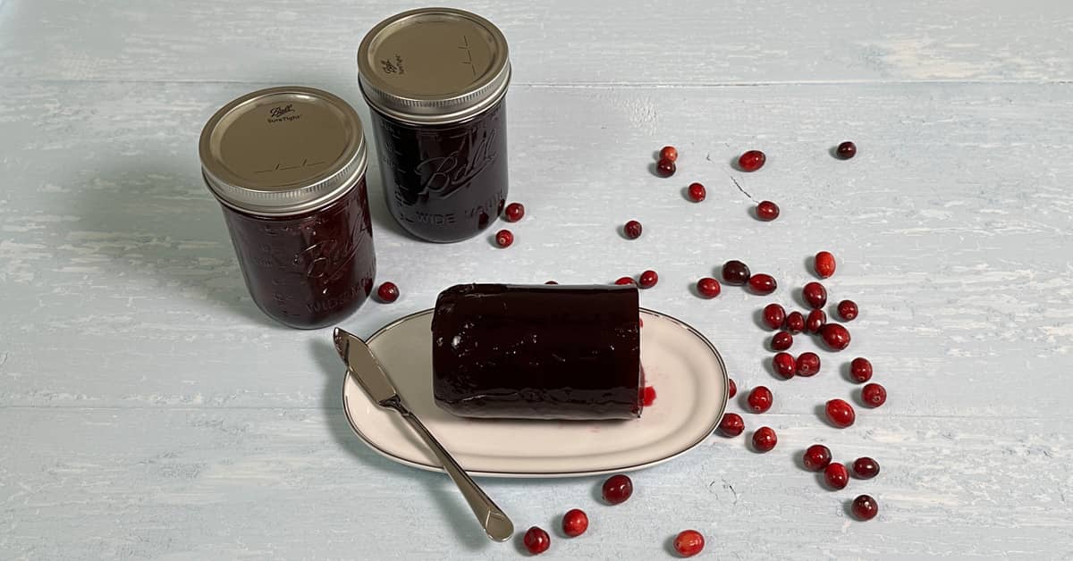 Cranberry Jelly on a plate with two mason jars of cranberry jelly and scattered cranberries
