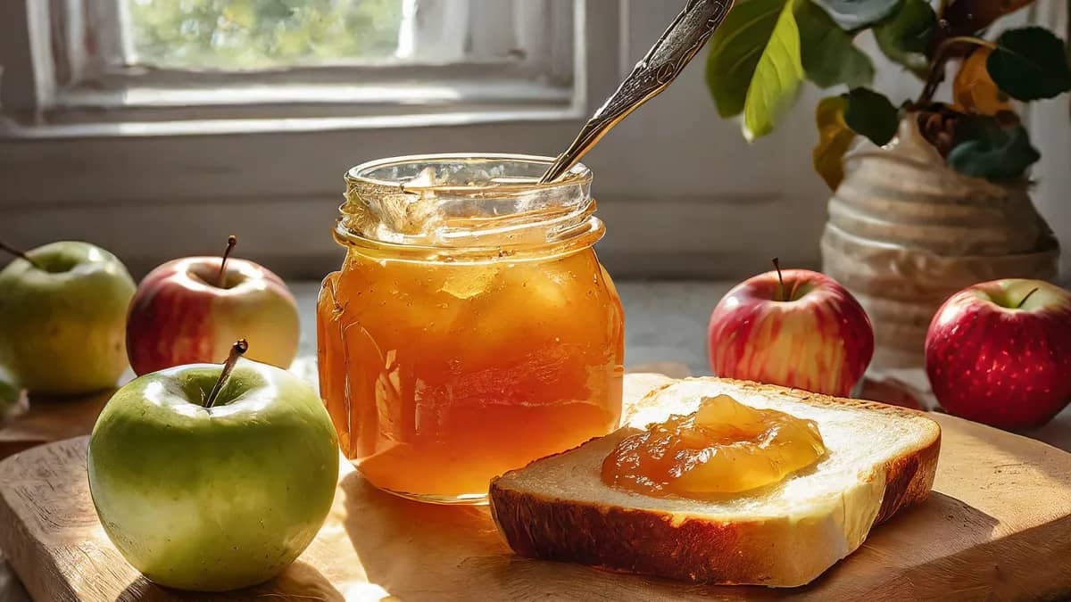 Apple Freezer Jelly in a mason jar with a spoon in it. Toast sitting on a cutting board with apple jelly and fresh apples.