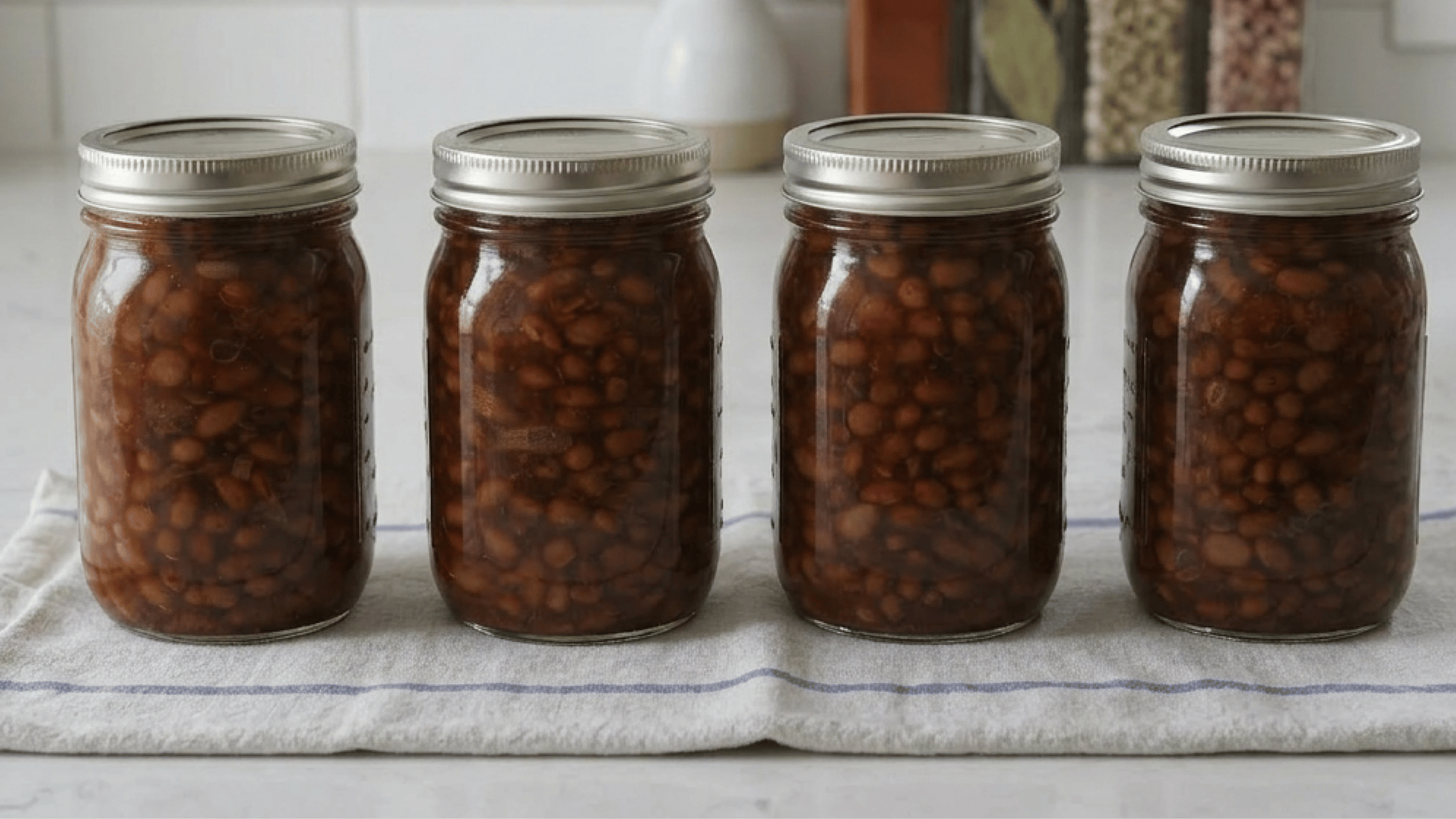 Four mason jars of baked beans sitting on a kitchen towel.