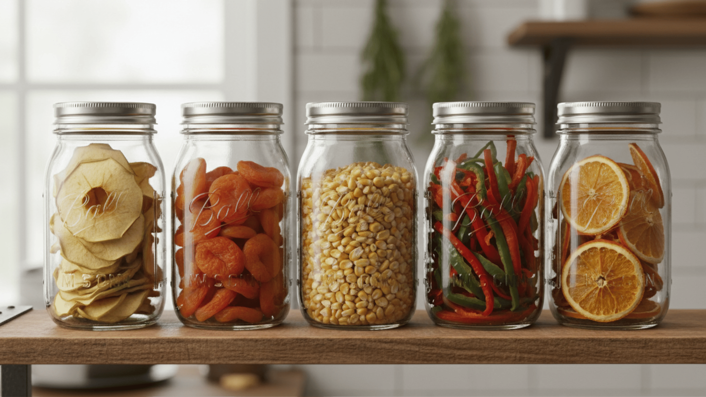 Dehydrated Food in Mason jars being conditioned after drying.