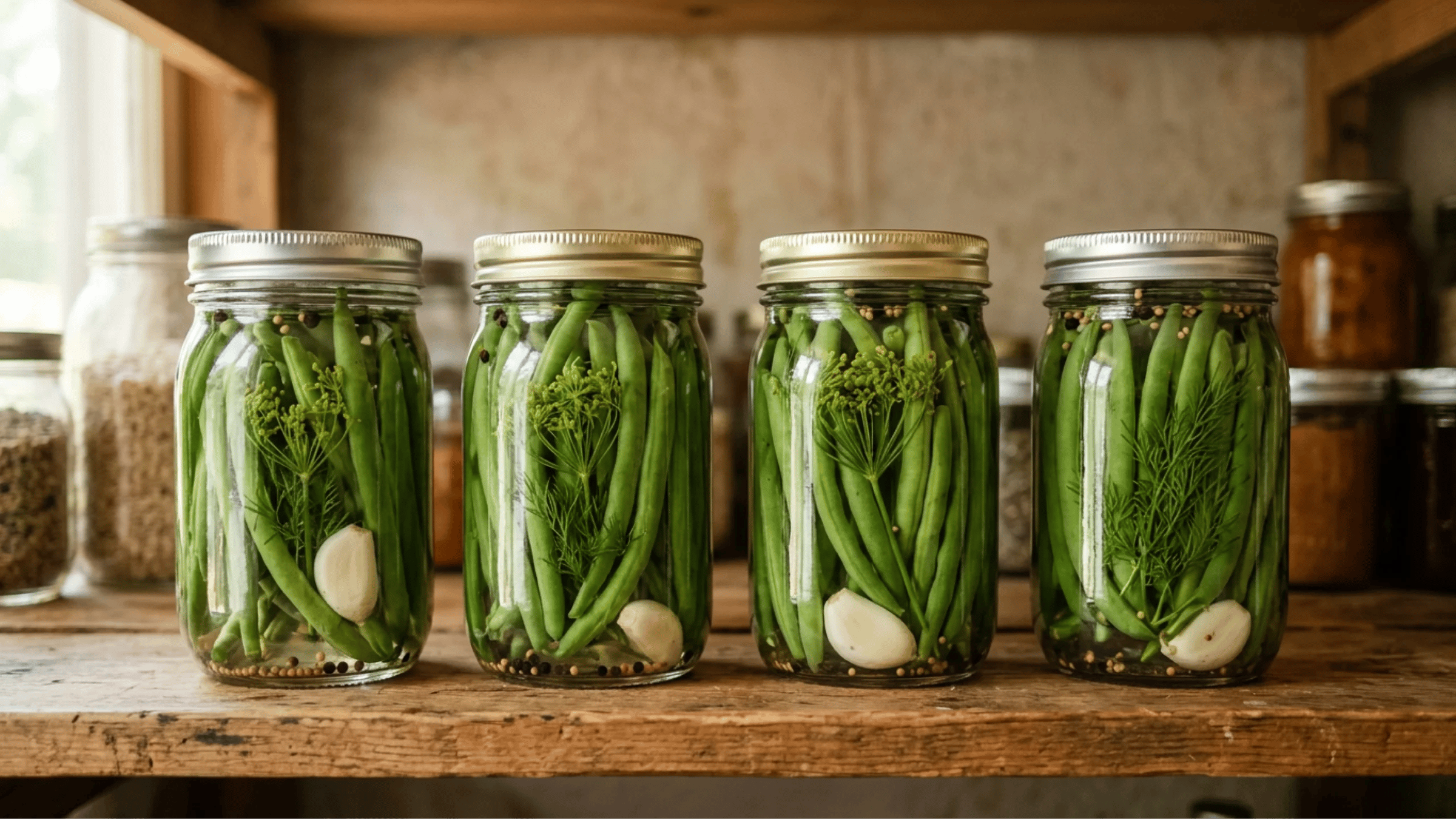 Pickled Green Beans with dill and garlic in four mason jars on a wooden shelf.