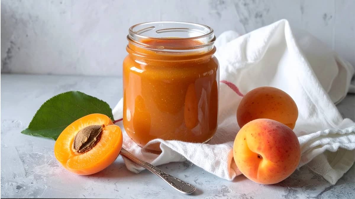 Apricot Butter in a mason jar with fresh apricots.