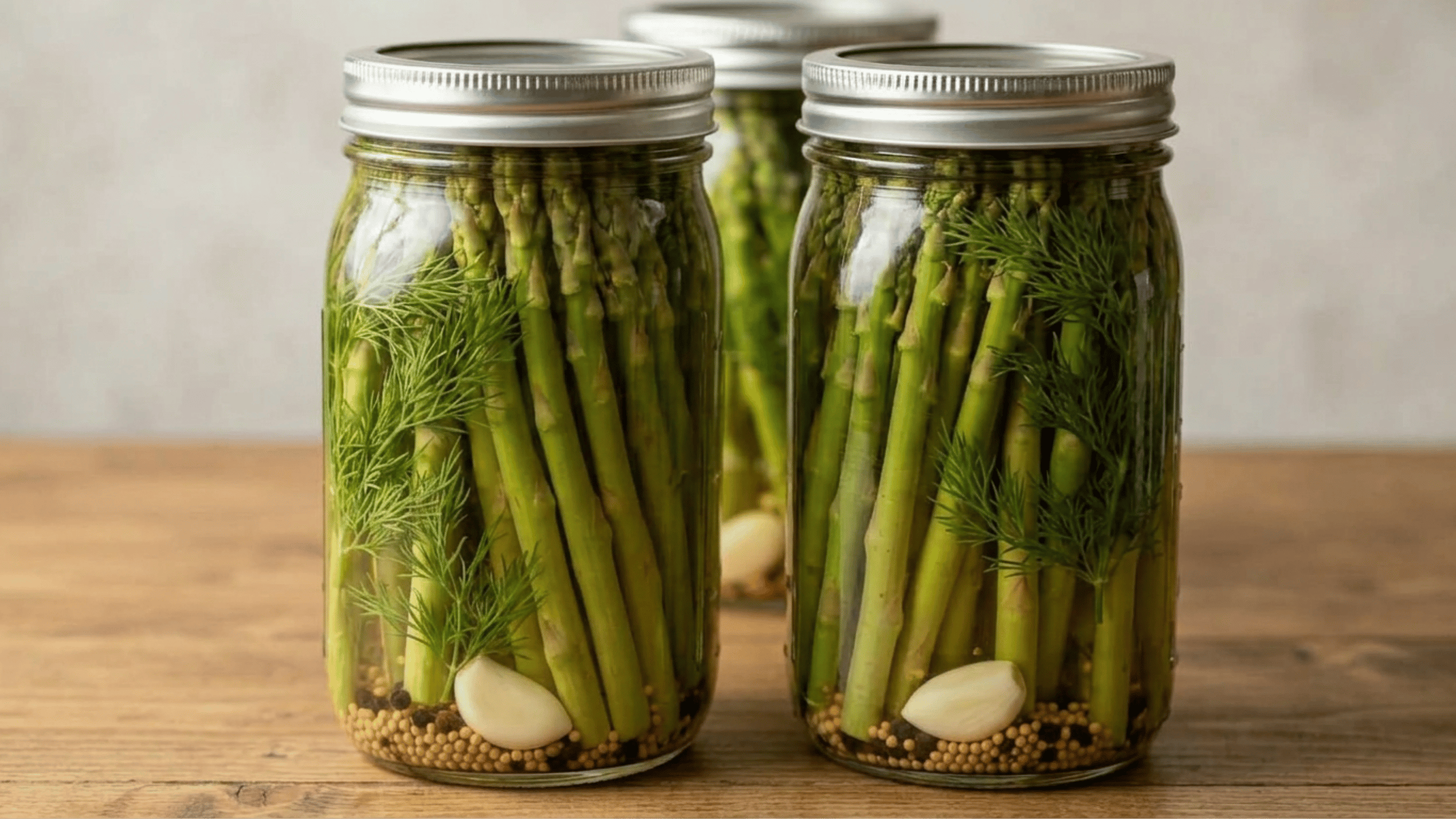 Pickled Asparagus with Dill, garlic, and spices in three mason jars.