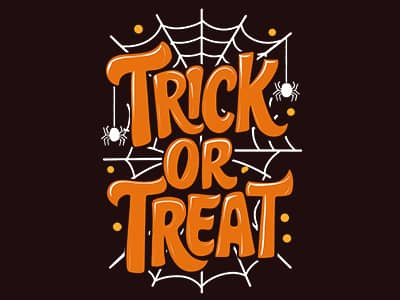 The words Trick or Treat in orange on a black background with white spiderwebs with spiders.