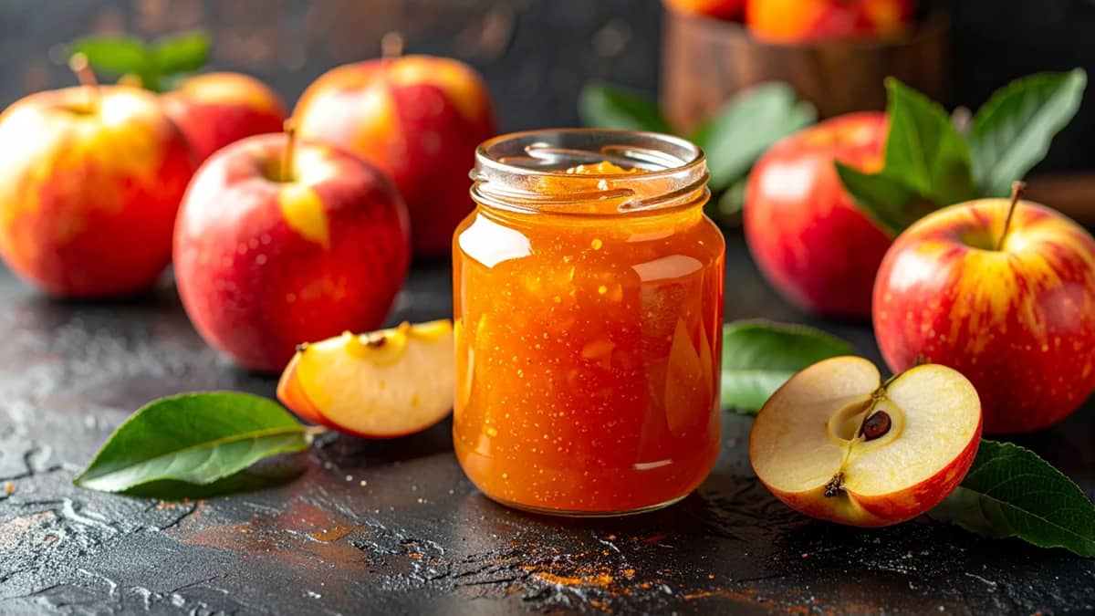 Mason jar of apple jam surrounded by fresh apples on a black surface.
