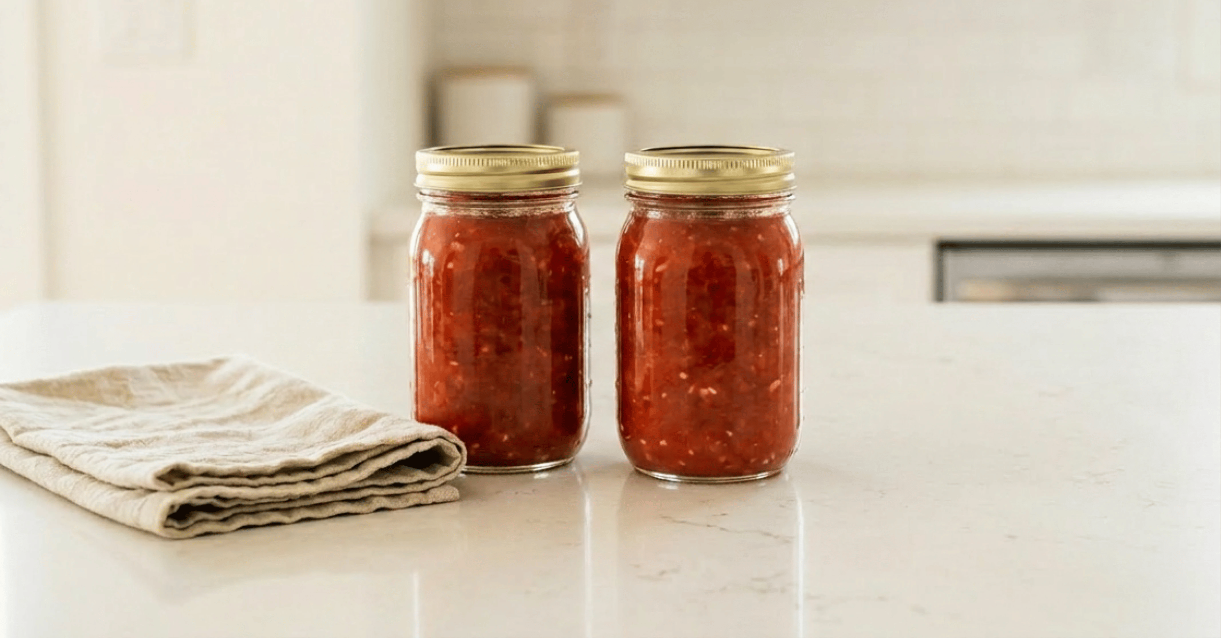 Two mason jars of crushed tomatoes sitting on a countertop.