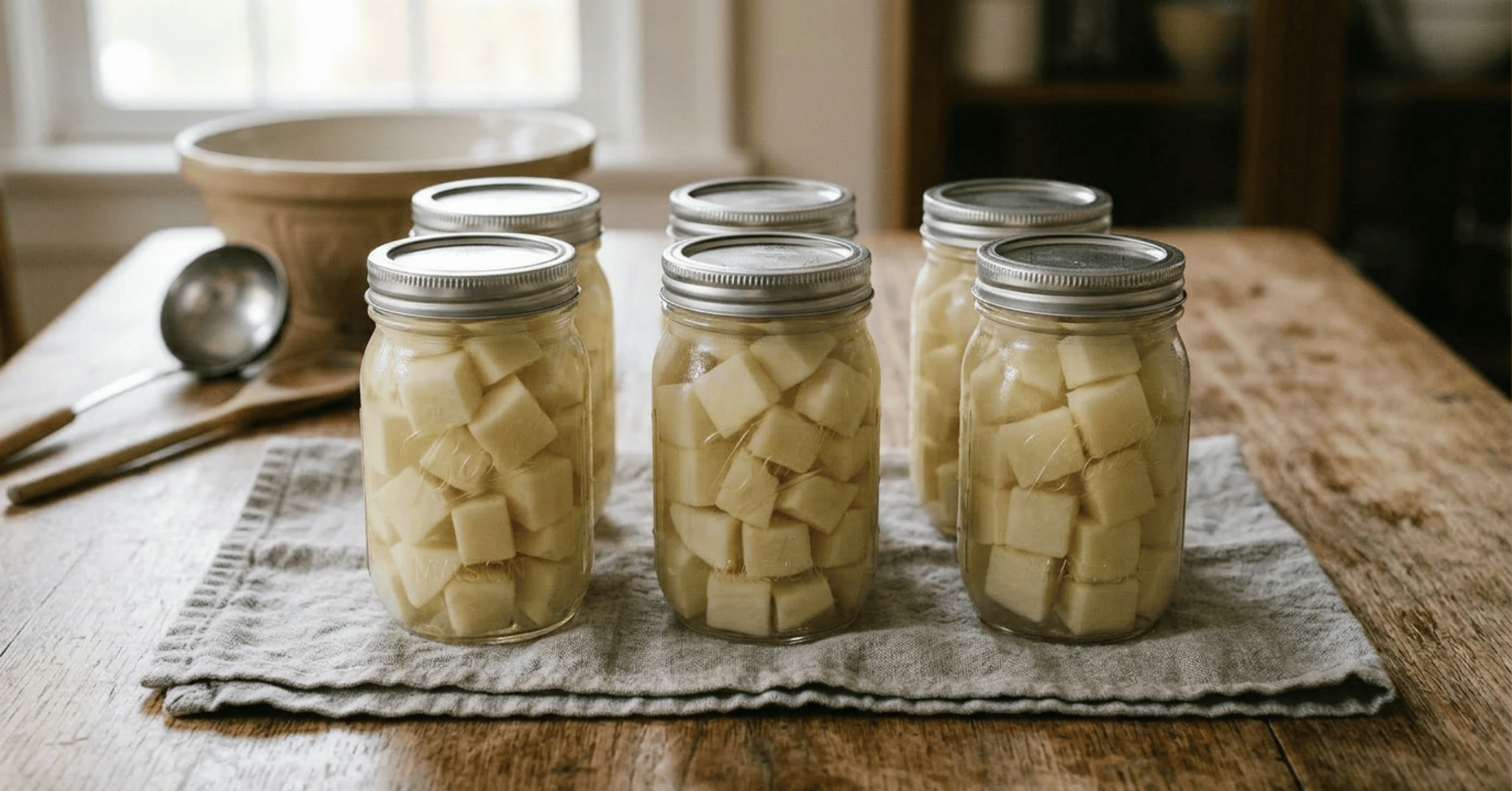 Cubes of white potatoes in mason jars on a wooden table.