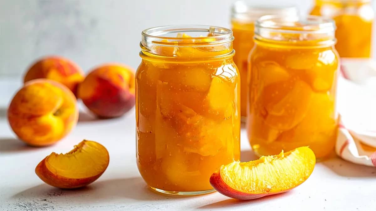 Peach Pie Filling in mason jars and sliced and whole peaches