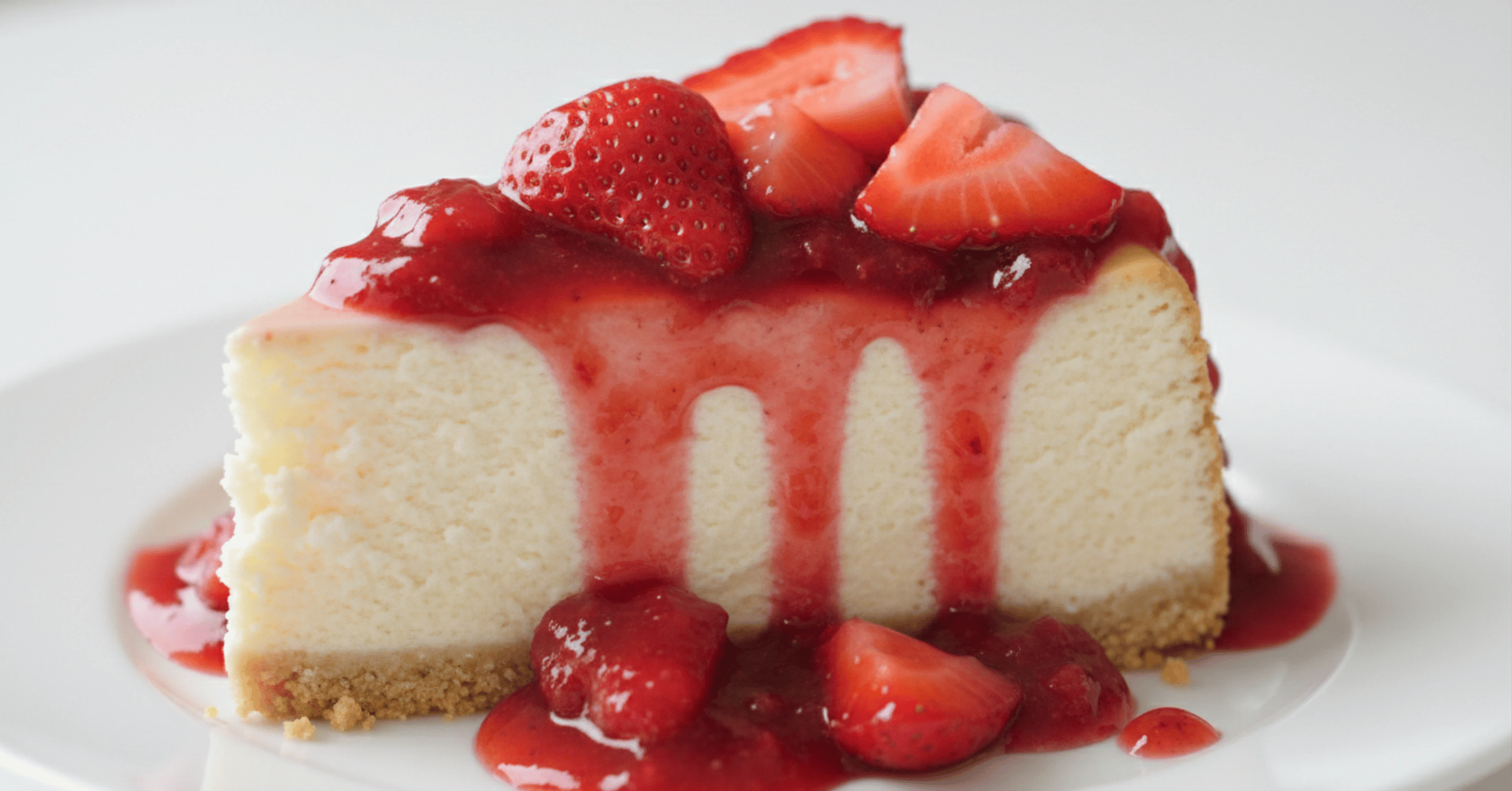 Strawberry Sauce with Fresh strawberries drizzled on a piece of Cheesecake.