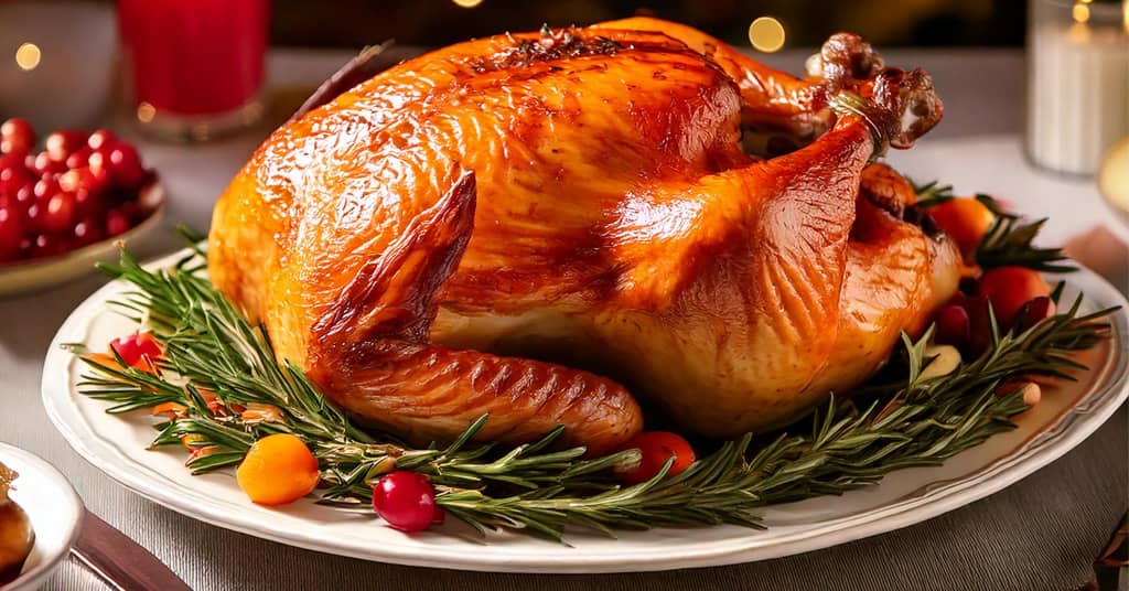 Cooked Turkey on a white plate with rosemary and cranberries.