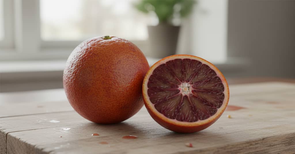 Blood Orange and Blood Orange Half slice sitting on a cutting board