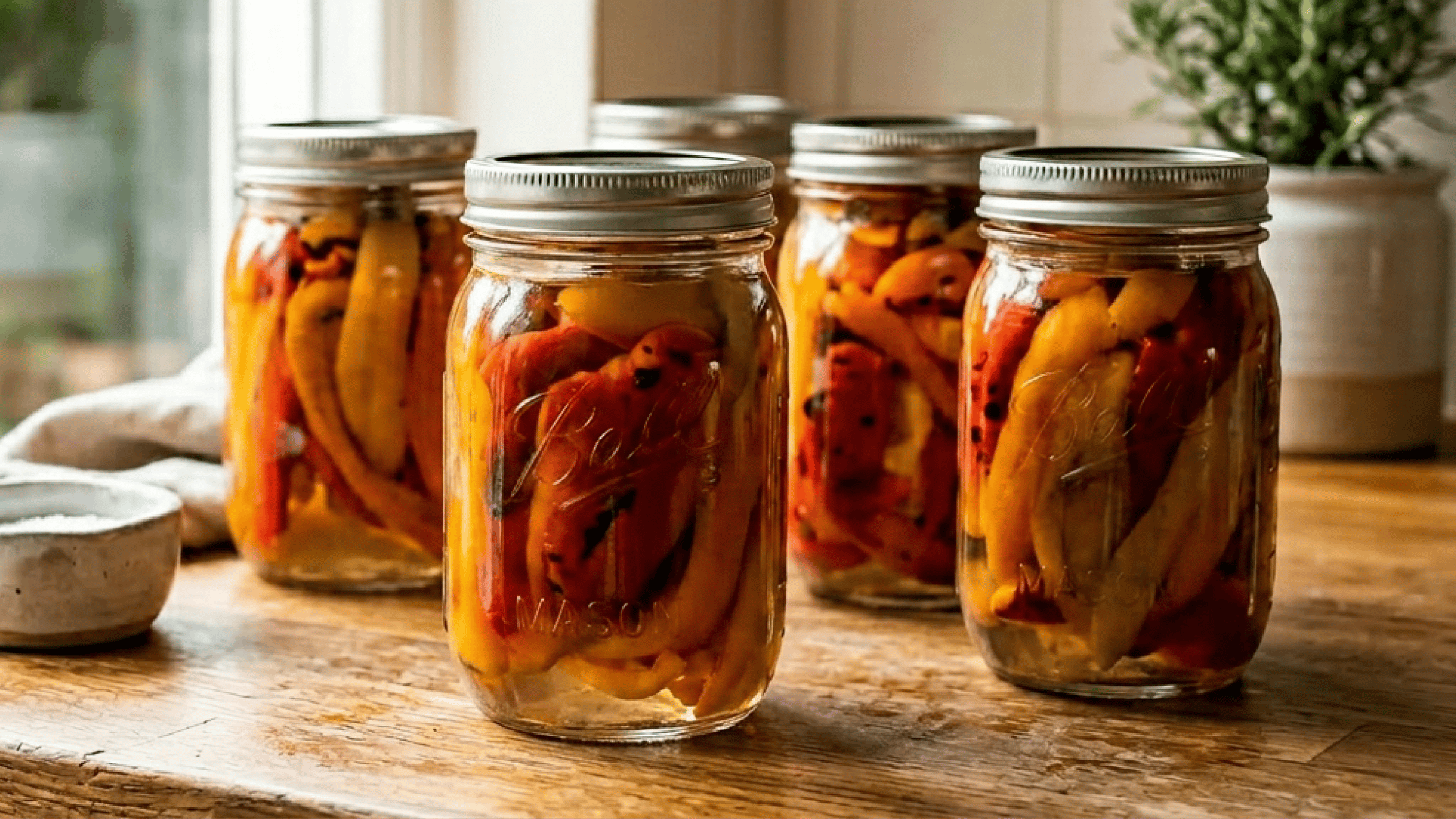 Five mason jars of pickled roasted red and yellow peppers.