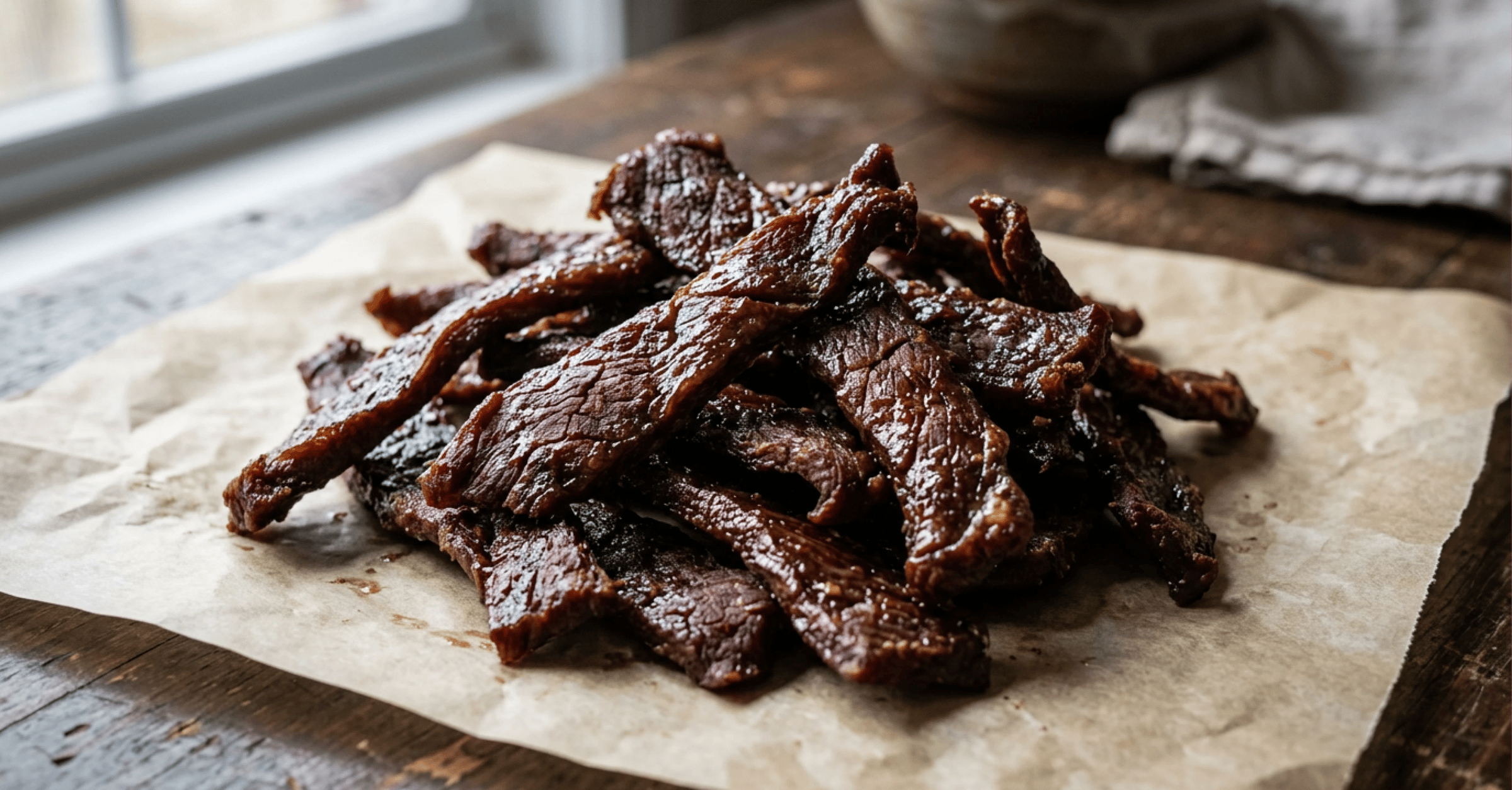 Homemade Teriyaki beef jerky sitting on a piece of parchment paper on a wooden table.