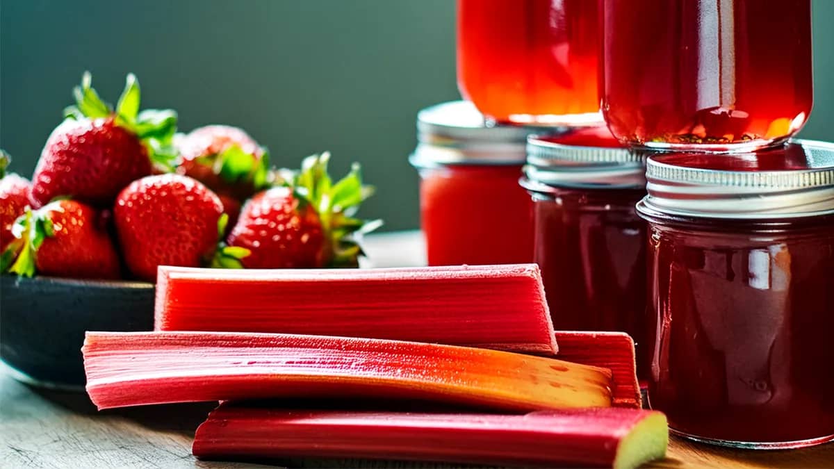 Rhubarb stalks, Strawberries and jars of strawberry rhubarb jelly.