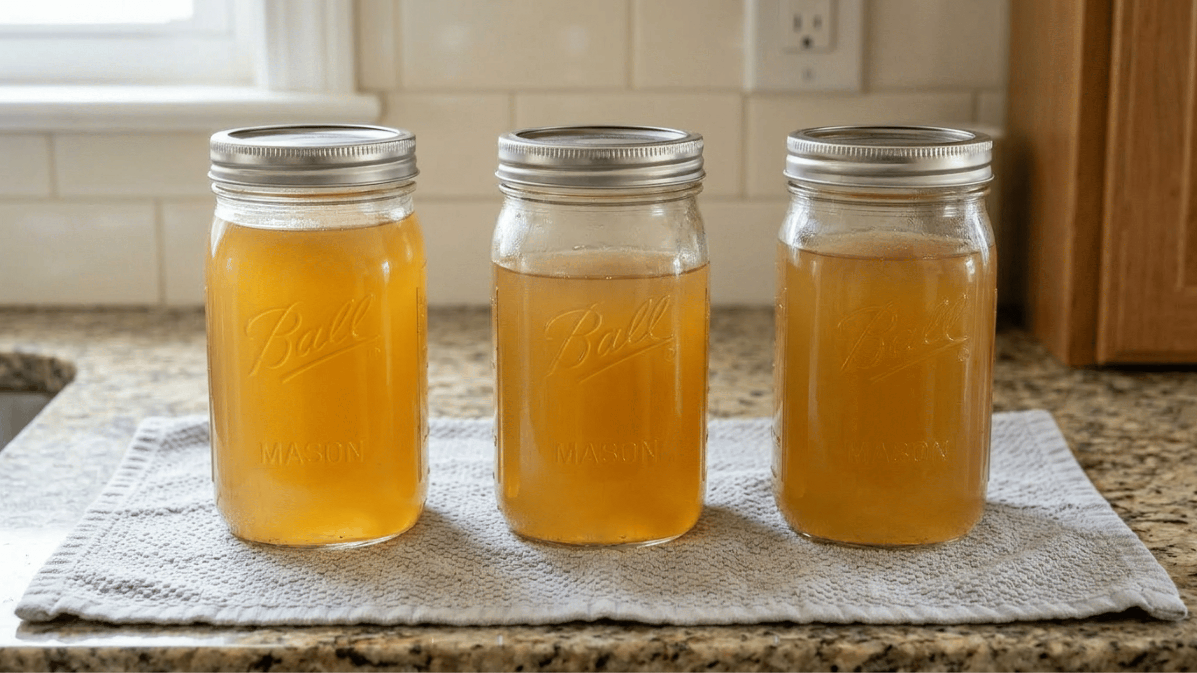 Three mason jars of stock showing different levels of jar fullness due to siphoning.