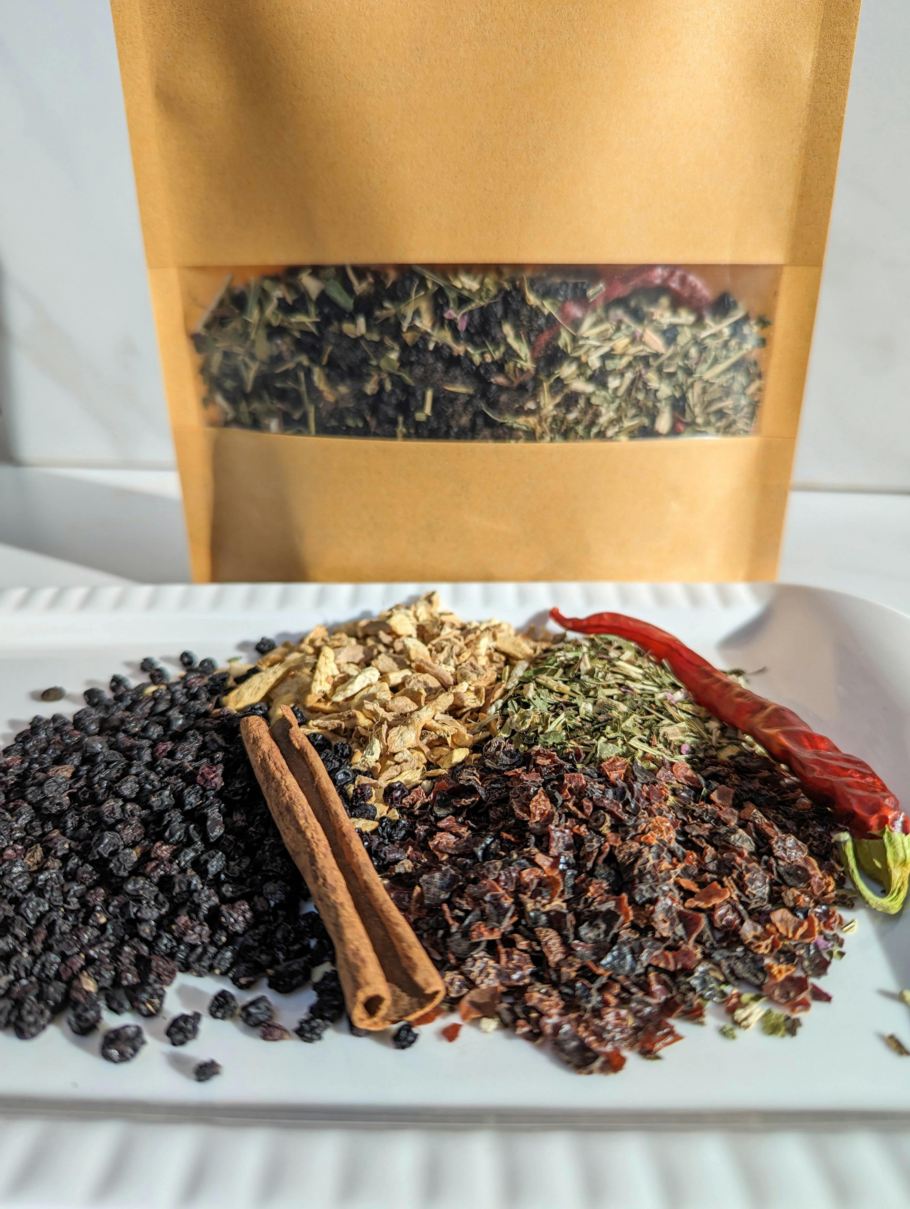 dried herbs elderberry ginger cinnamon stick cayenne pepper echinacea rose hips