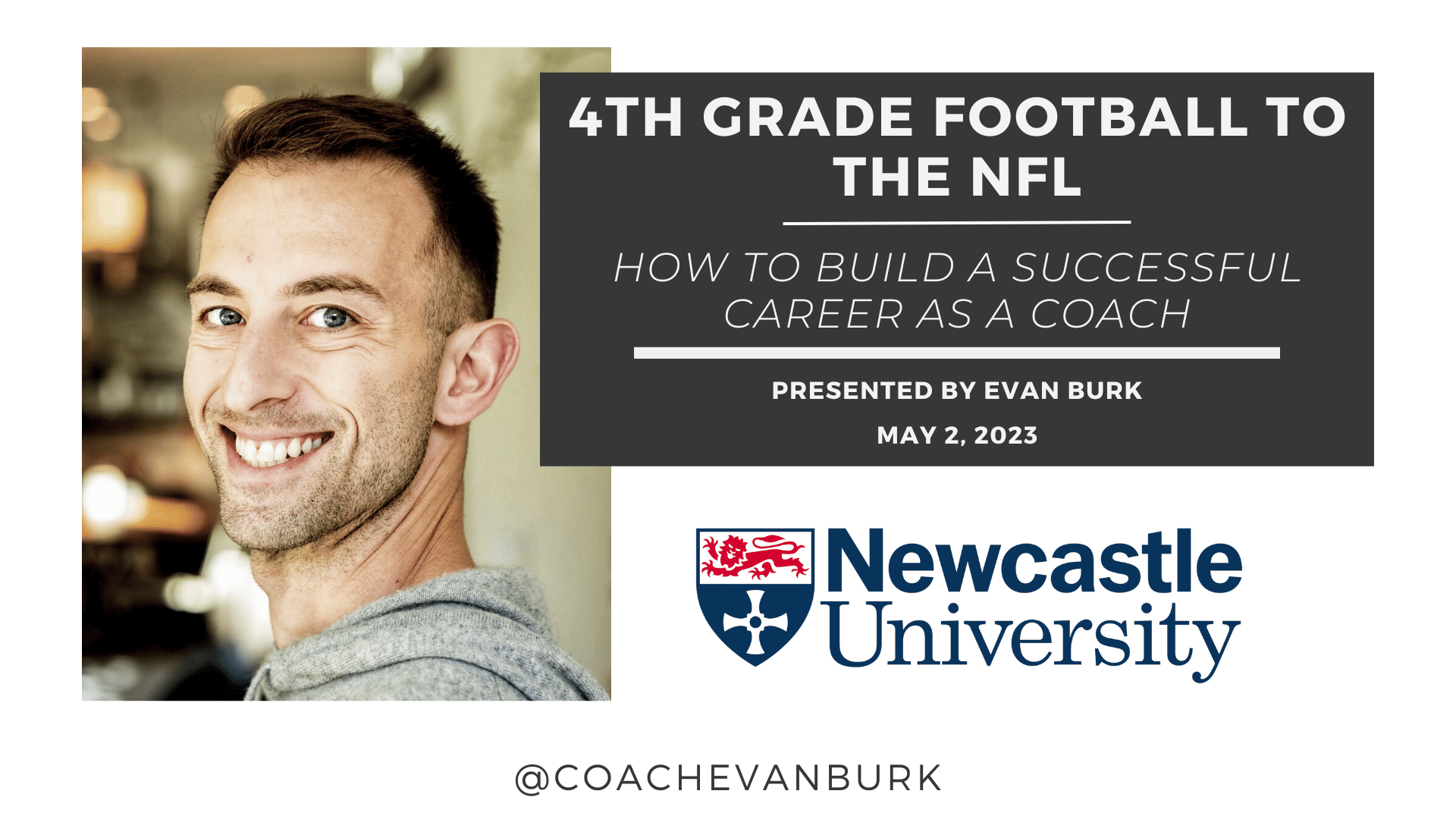 Evan Burk presented the closing keynote at Newcastle University's Psychological Insights into Coaching Practice conference on May 2, 2023