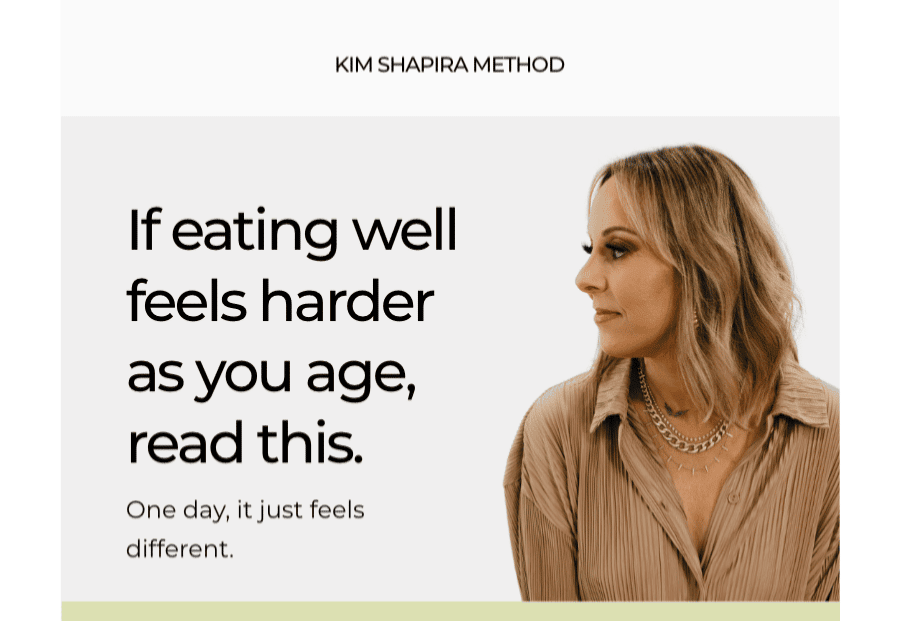 photo of kim with a quote that says if eating well feels harder as you age read this. one day it just feels different
