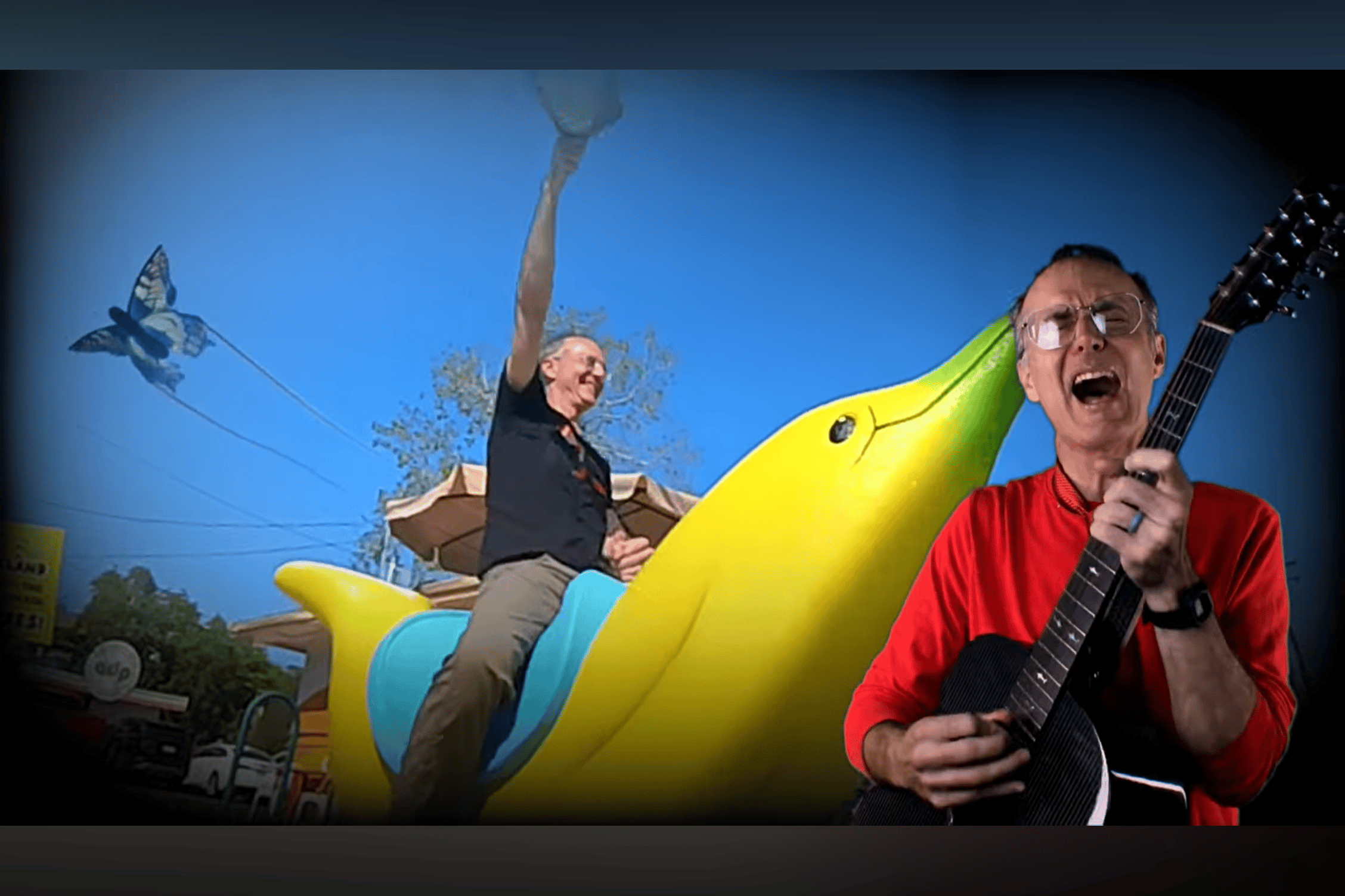 Stylized high-contrast graphic of a guitarist playing live