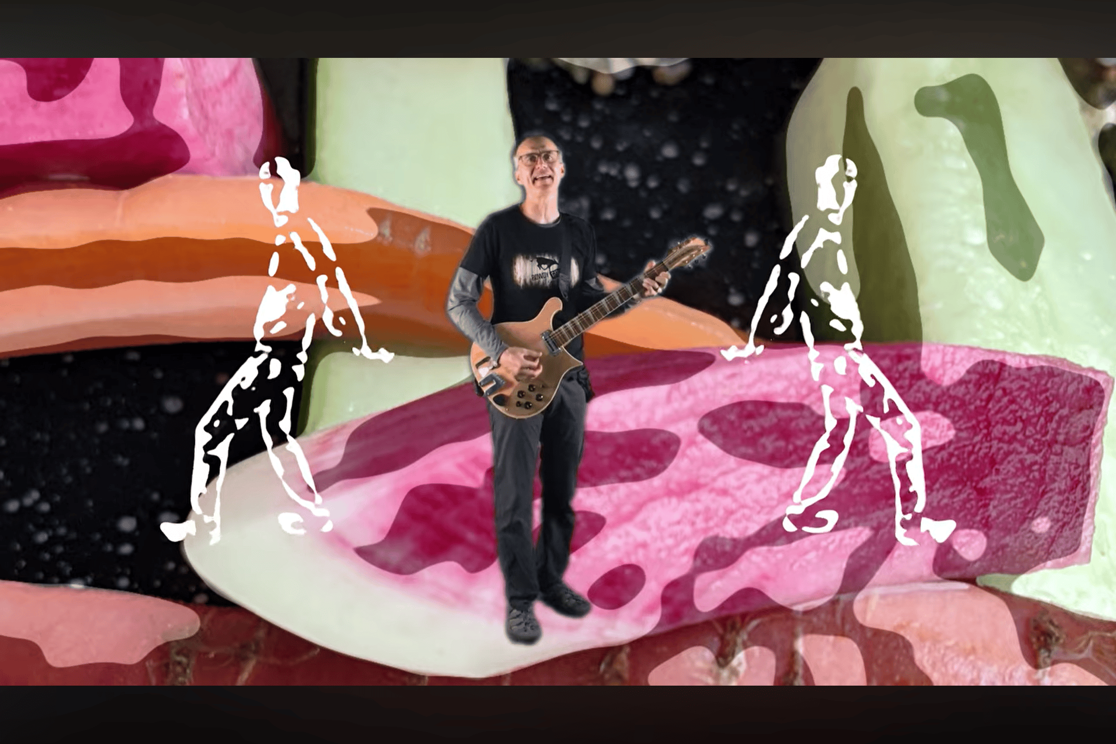 Stylized high-contrast graphic of a guitarist playing live