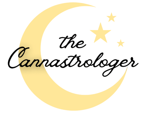 A yellow crescent moon with 3 stars, and The Cannstrologer written across it