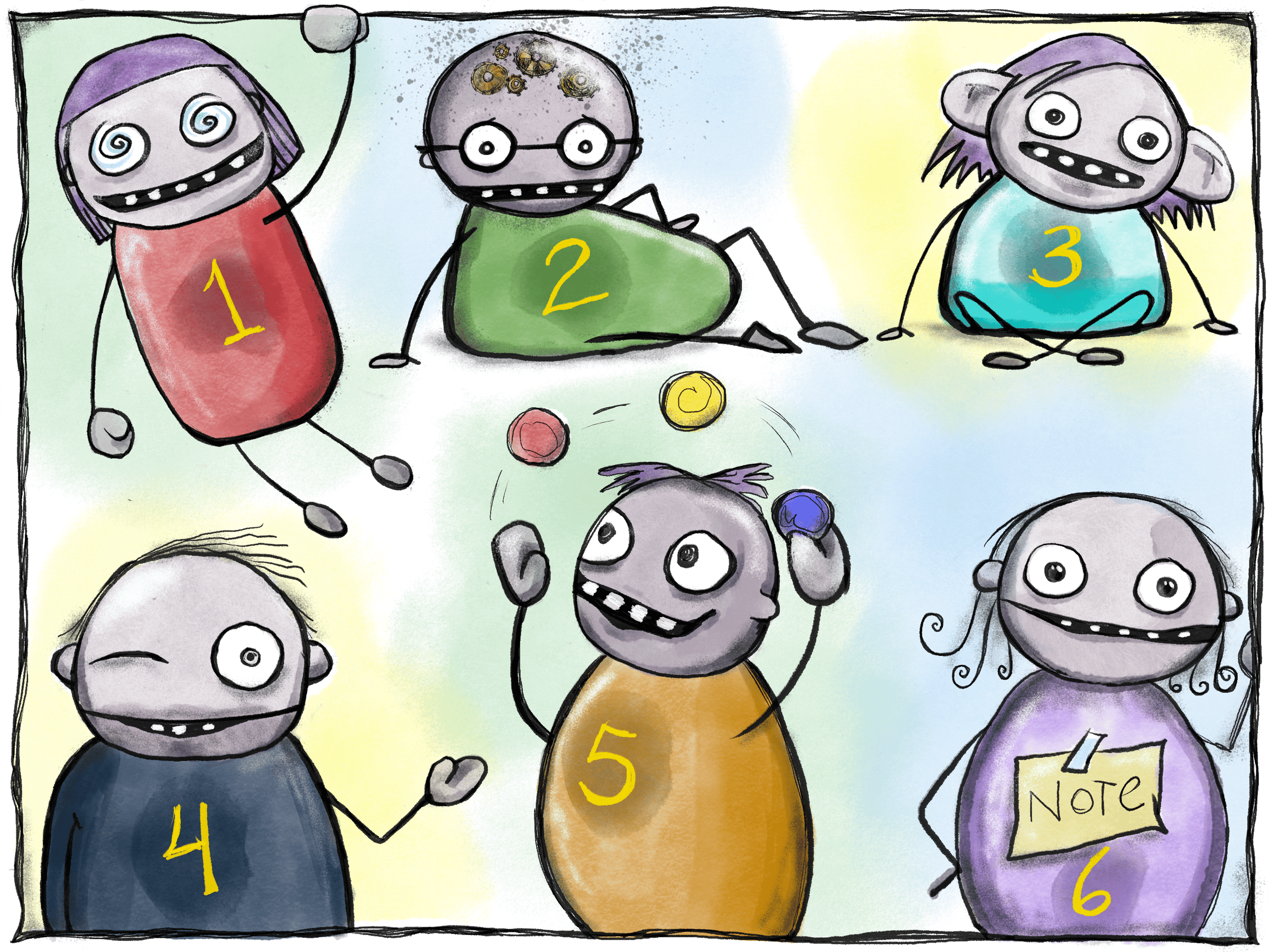 Unhinged line drawings of caricatures that have the numbers 1 through 6 on their chests. 1 has swirl eyes, two has cogs in his head, three has large ears, 4 has one eye closed, 5 is juggling, and 6 has a note taped to their chest.
