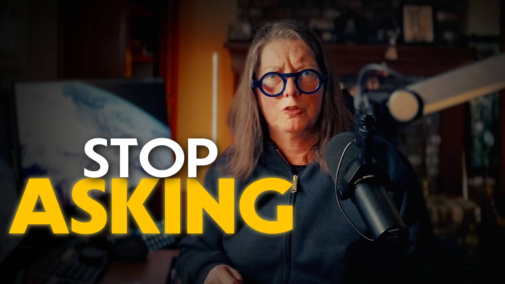 Jen behind a microphone with the text "Stop Asking"