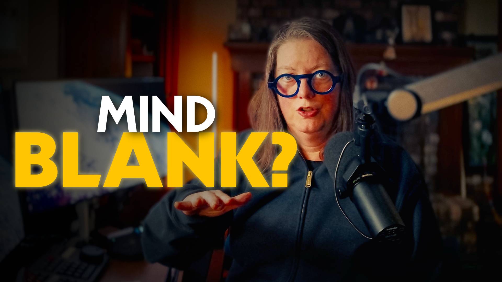 text "mind blank?" next to jen who is sitting behind a microphone