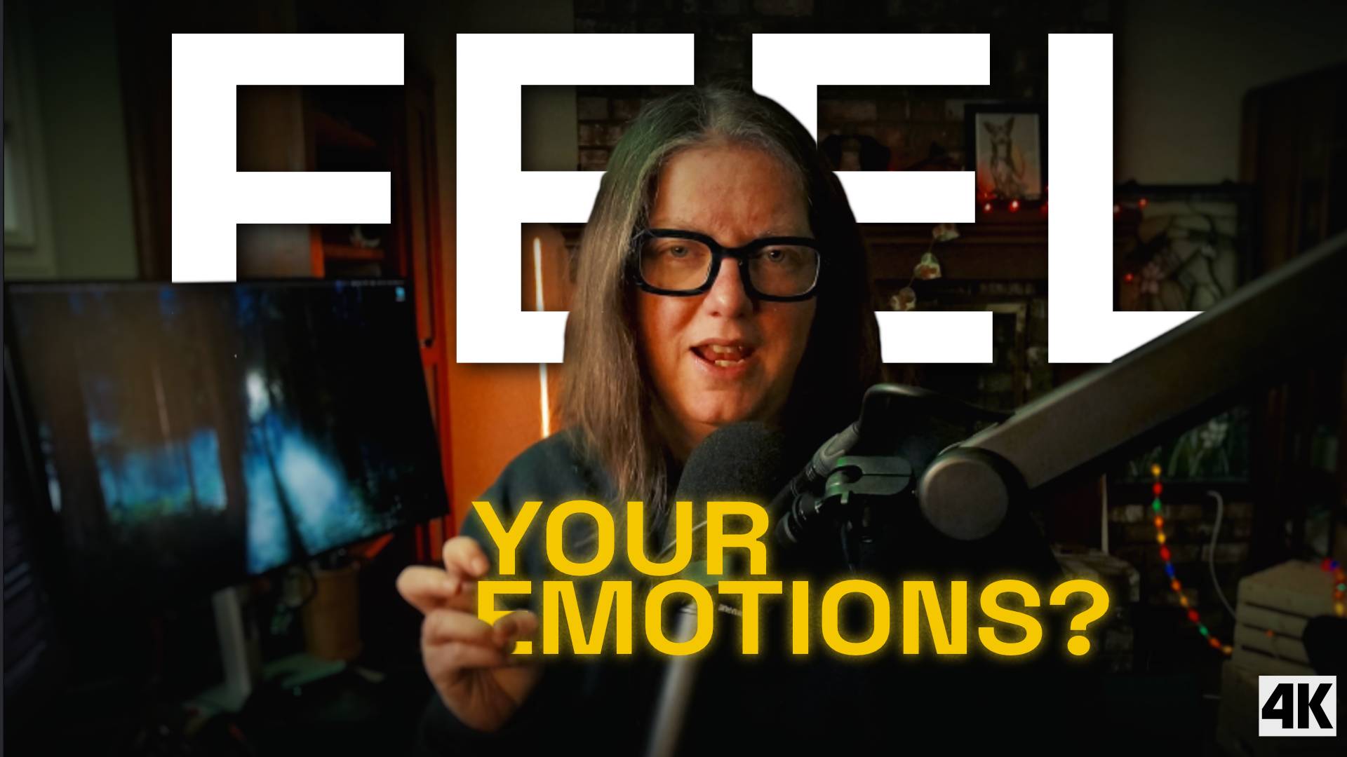 Jen with a microphone and text "Feel your emotions?"