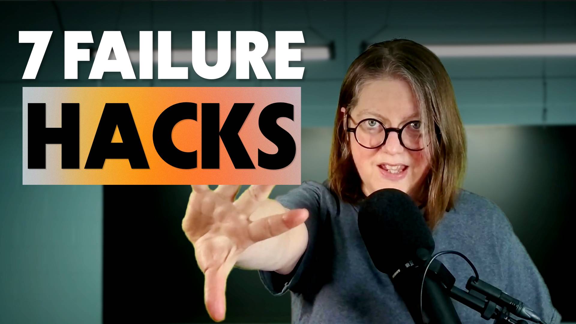 image of jen behind a microphone with text that says 7 failure hacks 