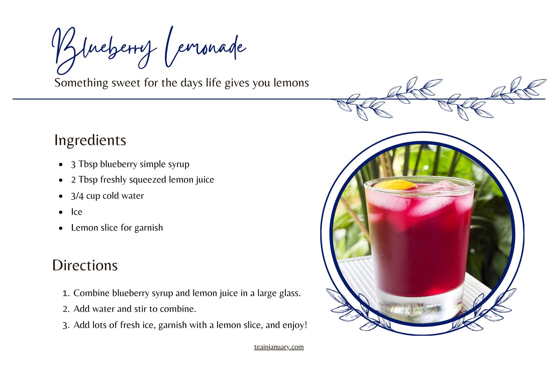 A pretty recipe card featuring a recipe for homemade blueberry lemonade
